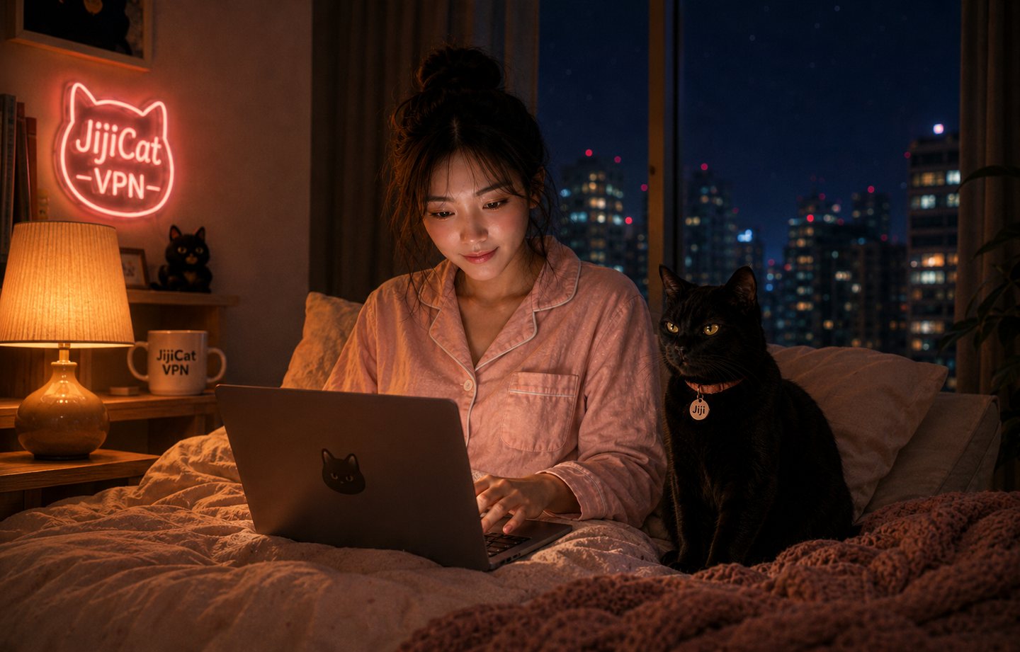 Девушка работает за ноутбуком рядом с чёрным котом Дзидзи в вечерней комнате